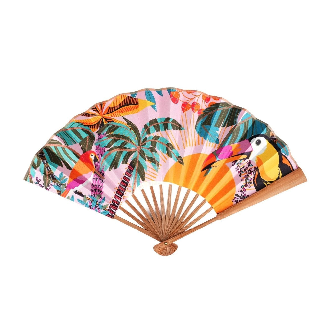 Wild Tropical Print Hand Fan | Pink. Available at Pasha Living