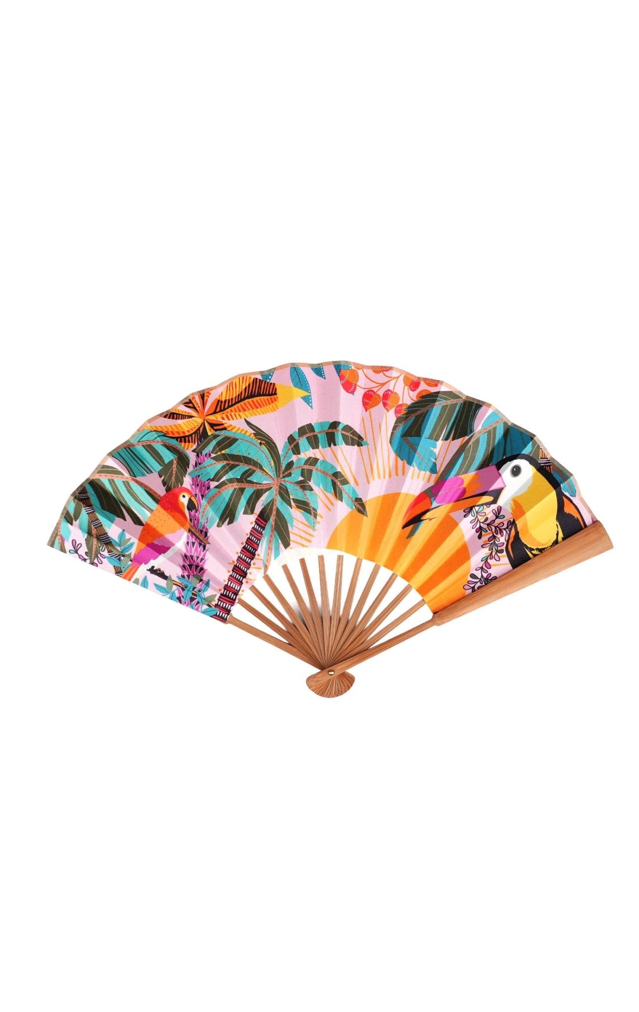 Wild Tropical Print Hand Fan | Pink. Available at Pasha Living