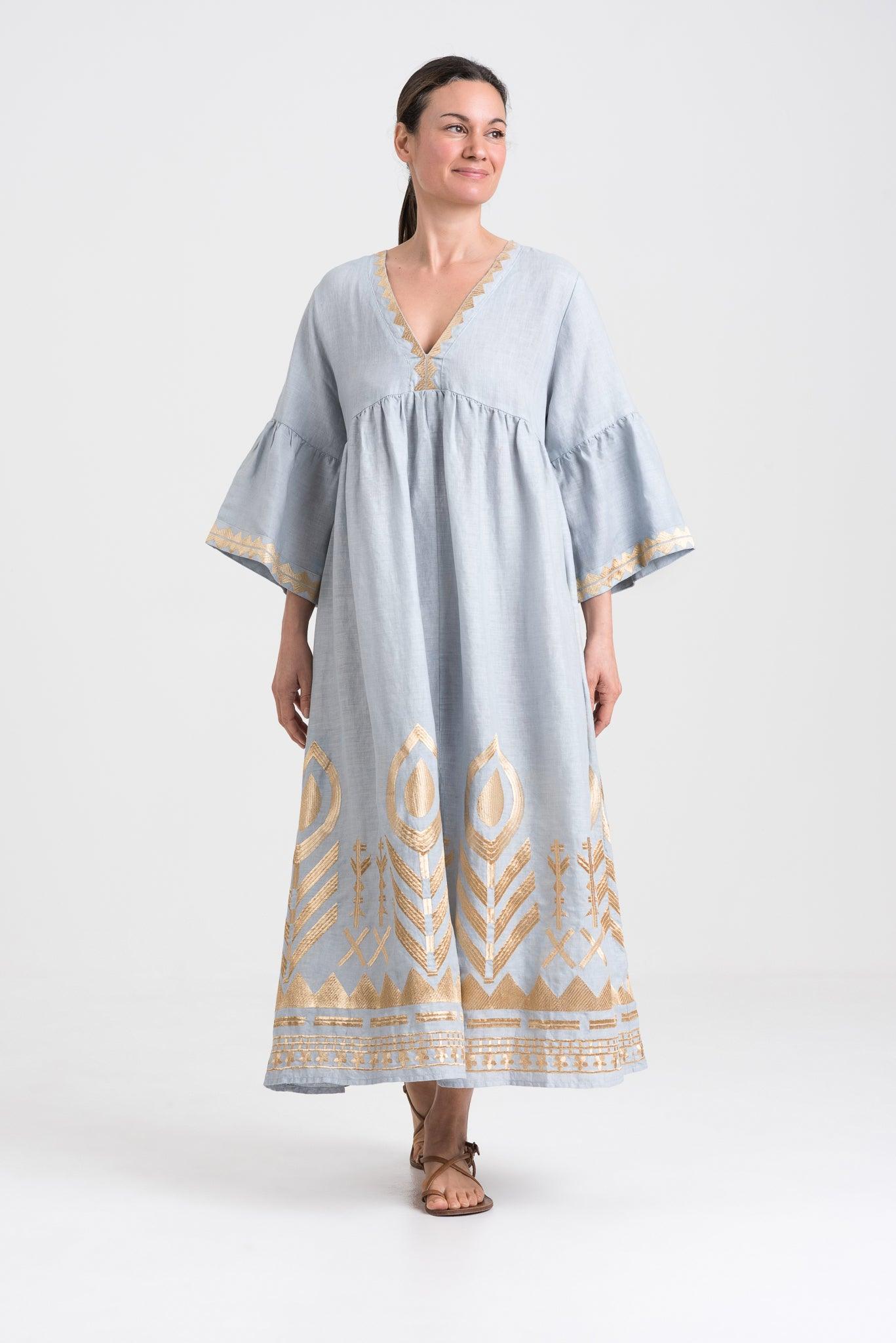 GREEK ARCHAIC KORI | Long linen Dress, Bell Sleeves Grey & Gold - Pasha Living 