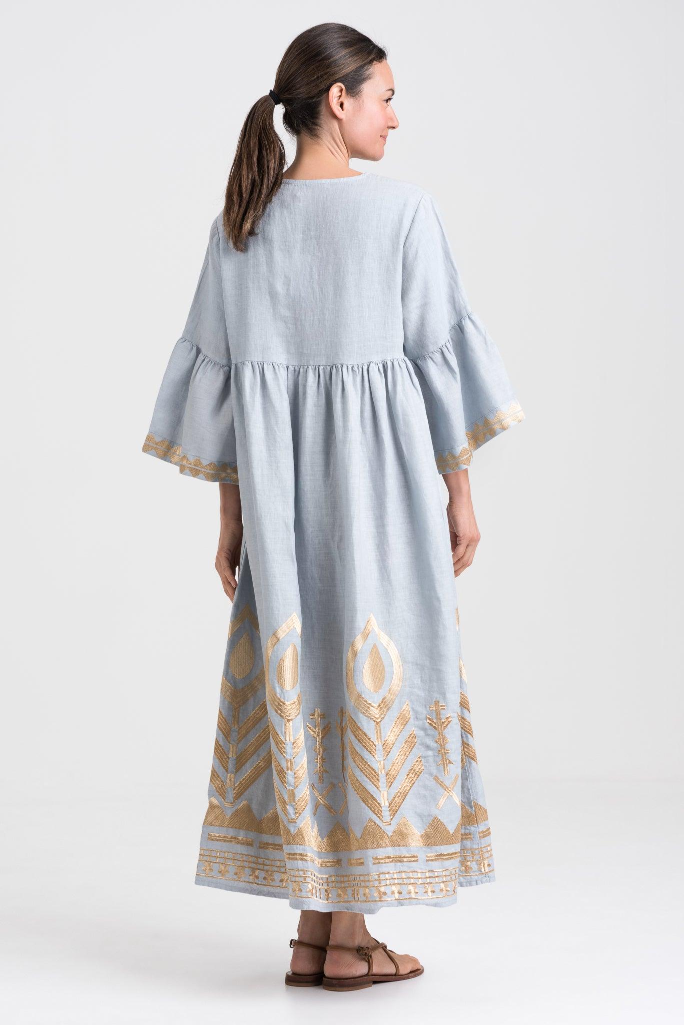 GREEK ARCHAIC KORI | Long linen Dress, Bell Sleeves Grey & Gold - Pasha Living 