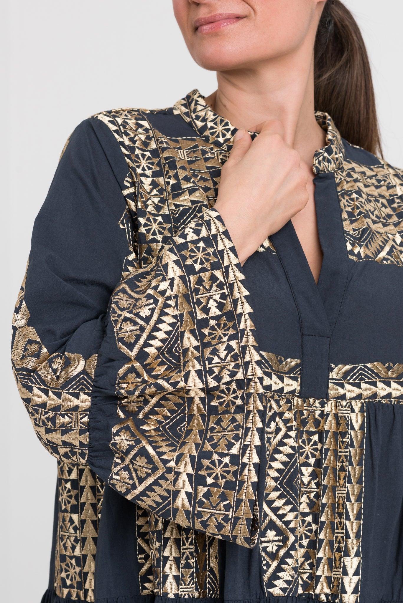 GREEK ARCHAIC KORI Cotton Dress | Charcoal & Gold - Pasha Living 