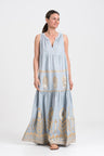 GREEK ARCHAIC KORI Long Linen Sleeveless Dress | Light Grey & Gold - Pasha Living 
