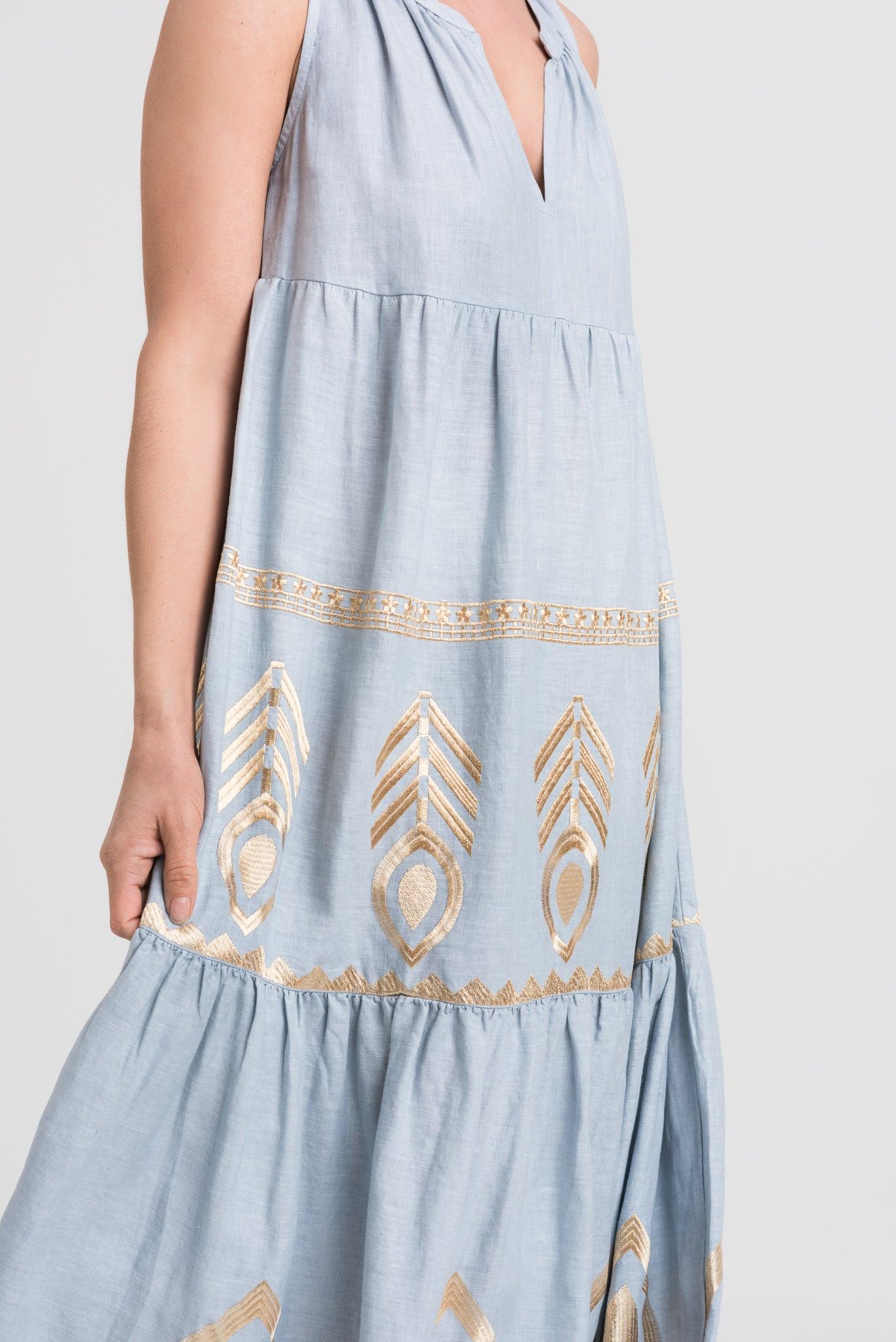 GREEK ARCHAIC KORI Long Linen Sleeveless Dress | Light Grey & Gold - Pasha Living 