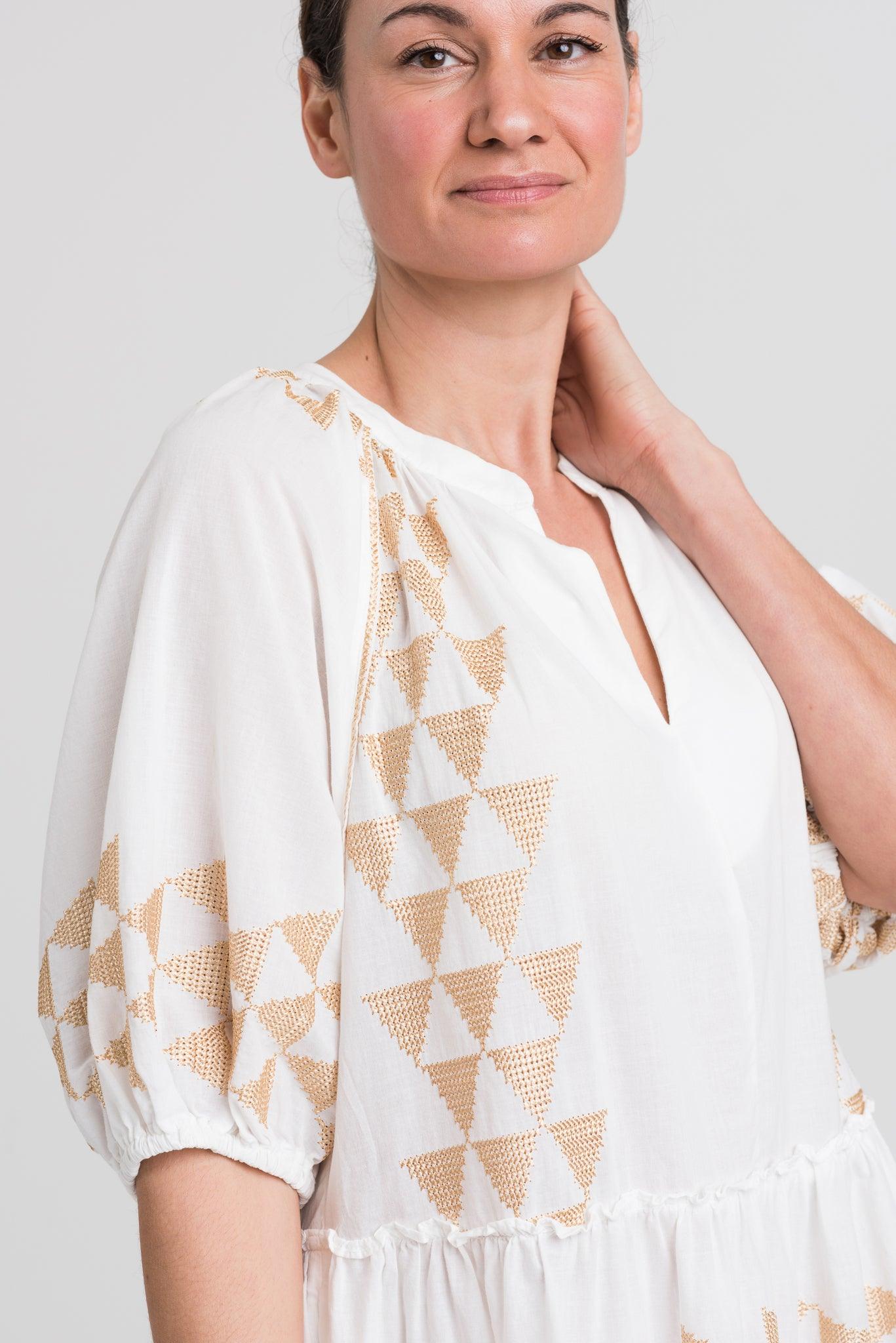 GREEK ARCHAIC KORI Geometric Cotton Dress | White & Gold - Pasha Living 