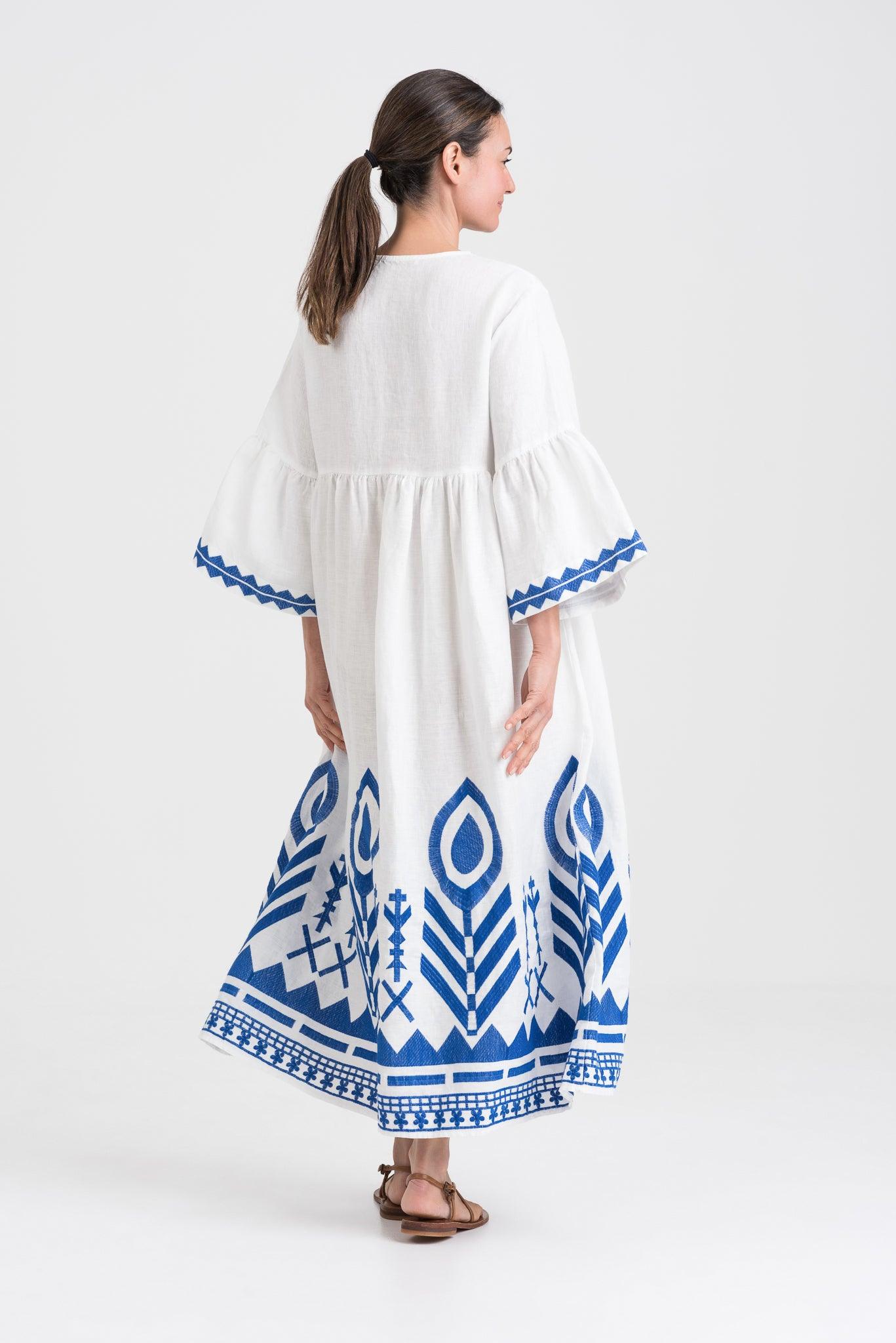 GREEK ARCHAIC KORI | Long linen Dress, Bell Sleeves White & Blue - Pasha Living 