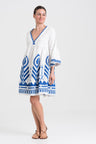 GREEK ARCHAIC KORI | Empire Linen Dress, White & Blue - Pasha Living 