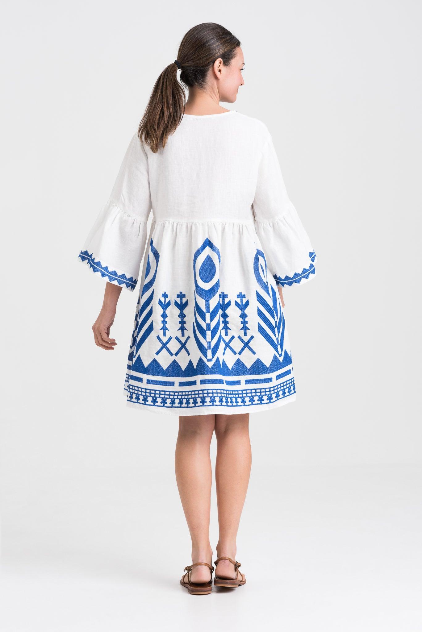 GREEK ARCHAIC KORI | Empire Linen Dress, White & Blue - Pasha Living 