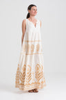 GREEK ARCHAIC KORI Long Linen Sleeveless Dress | Natural & Gold - Pasha Living 