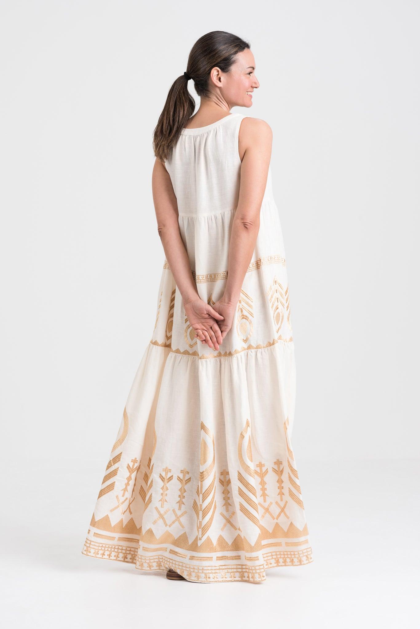 GREEK ARCHAIC KORI Long Linen Sleeveless Dress | Natural & Gold - Pasha Living 