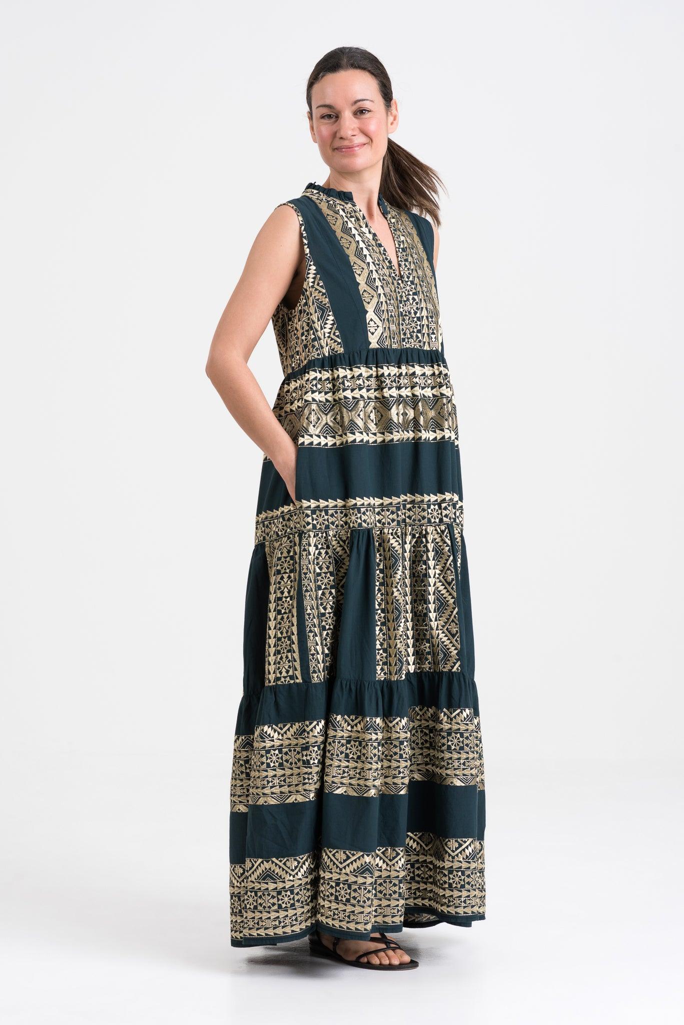 GREEK ARCHAIC KORI Long Cotton Dress | Charcoal & Gold - Pasha Living 