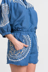 GREEK ARCHAIC KORI Embroidered Linen Shorts | Indigo & Gold - Pasha Living 