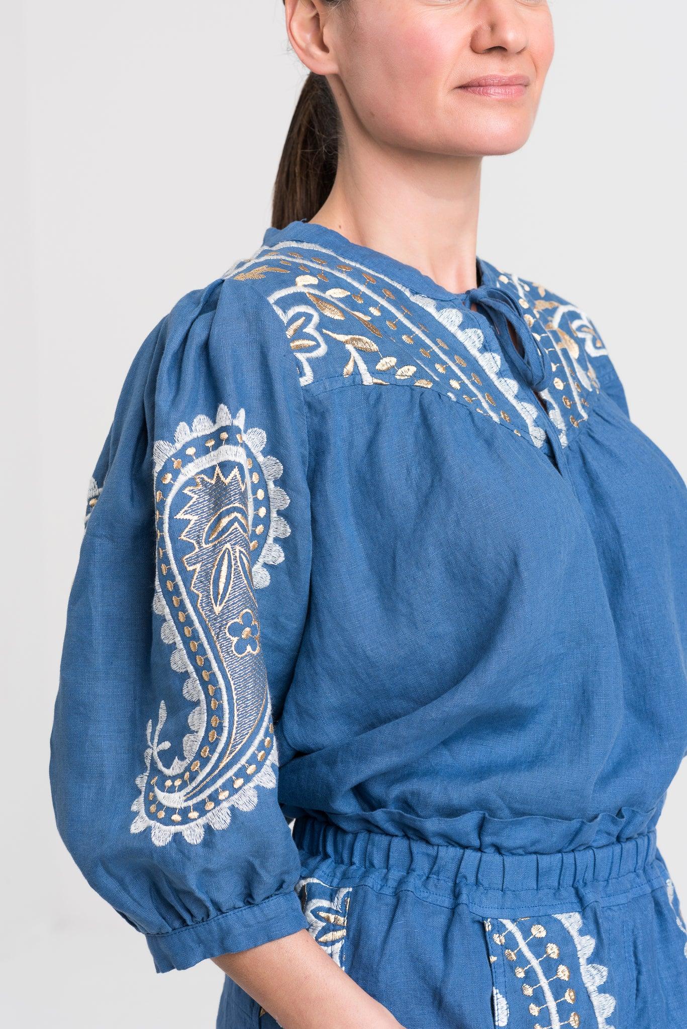 GREEK ARCHAIC KORI Embroidered Linen Blouse | Indigo & Gold - Pasha Living 