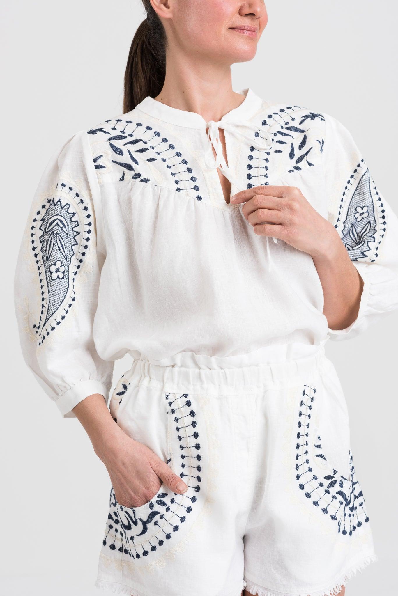 GREEK ARCHAIC KORI Embroidered Linen Blouse | White & Navy - Pasha Living 