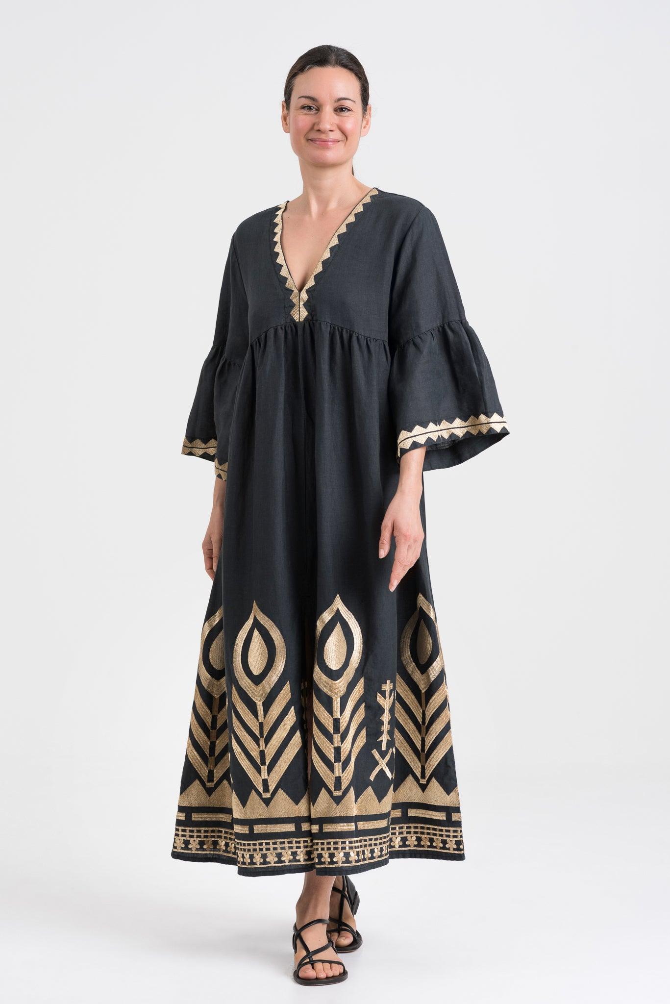 GREEK ARCHAIC KORI | Long linen Dress, Bell Sleeves Charcoal & Gold - Pasha Living 