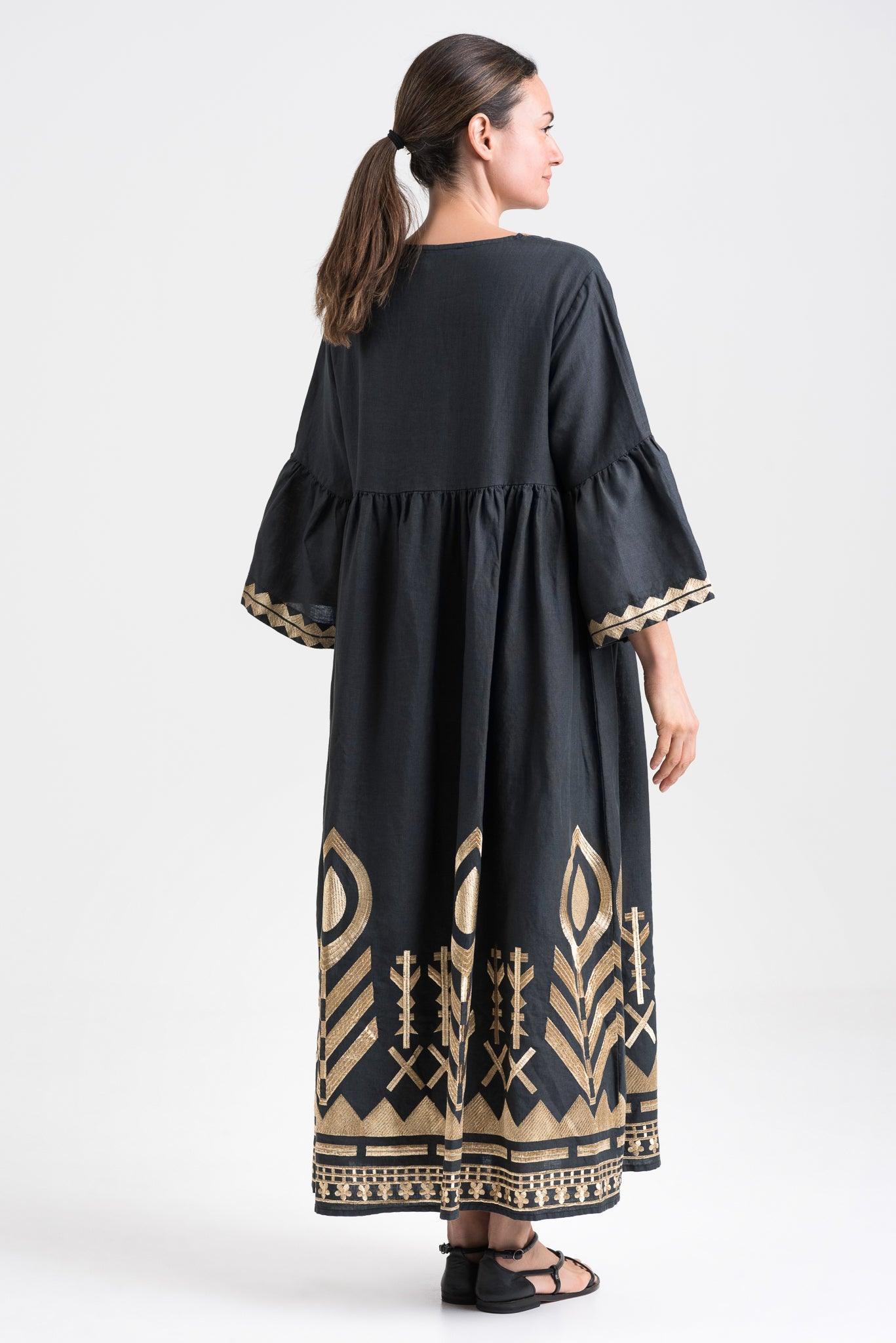 GREEK ARCHAIC KORI | Long linen Dress, Bell Sleeves Charcoal & Gold - Pasha Living 