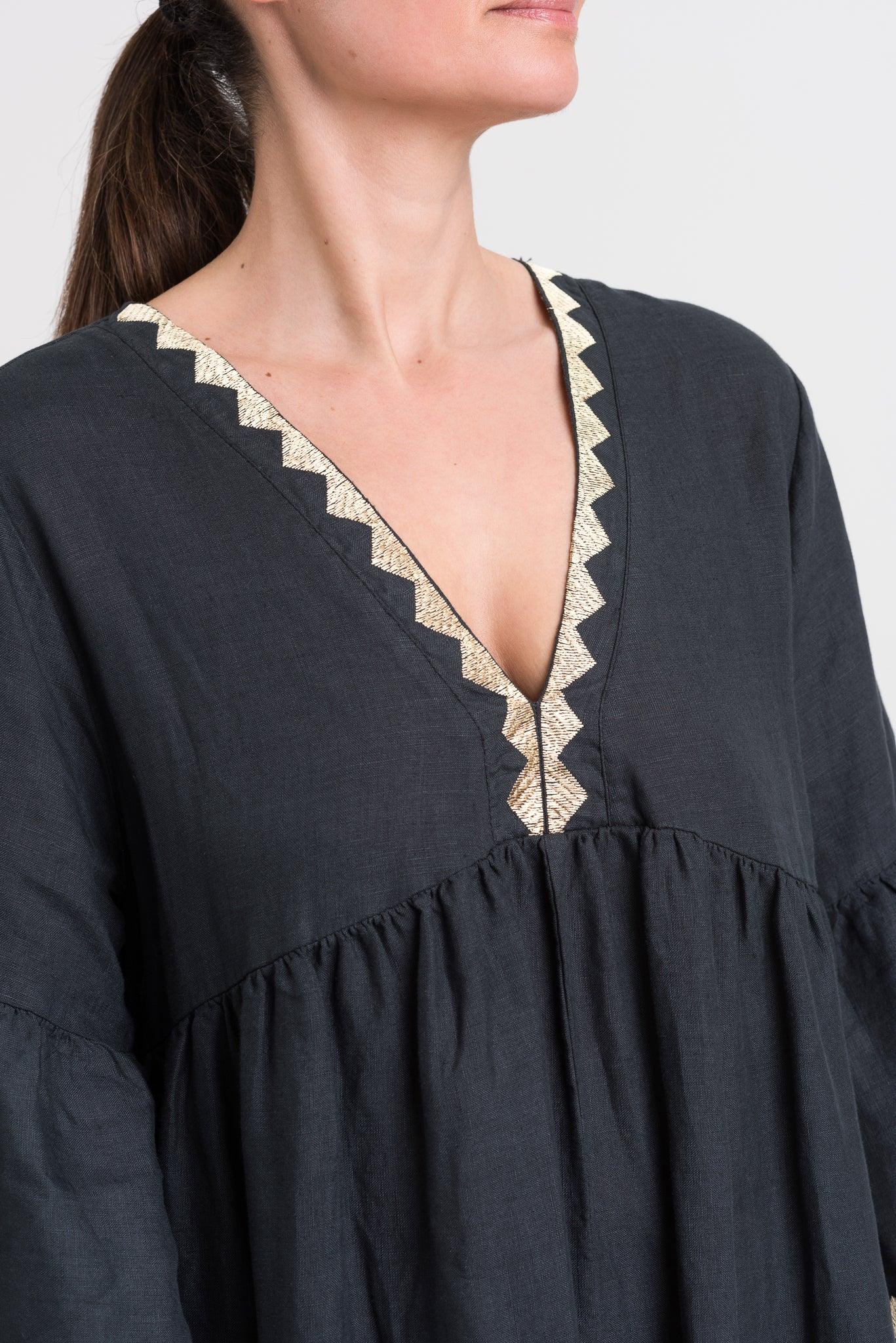 GREEK ARCHAIC KORI | Long linen Dress, Bell Sleeves Charcoal & Gold - Pasha Living 