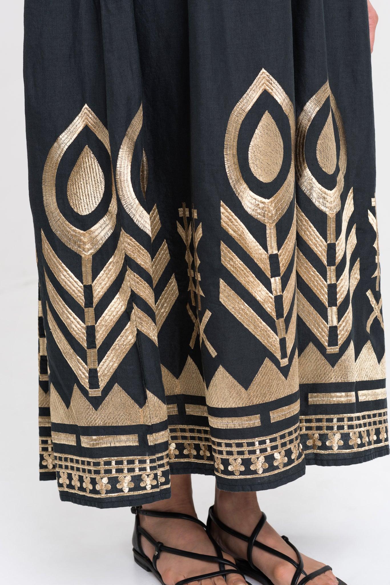 GREEK ARCHAIC KORI | Long linen Dress, Bell Sleeves Charcoal & Gold - Pasha Living 