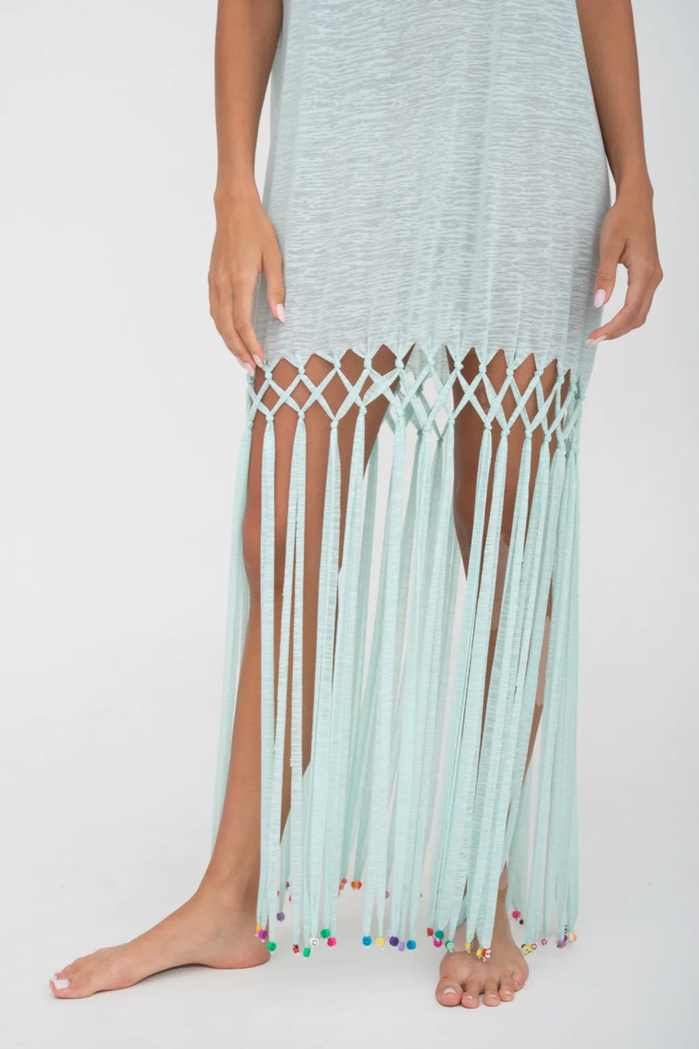 PITUSA Beaded Fringe T Shirt Dress Aqua Pasha Living