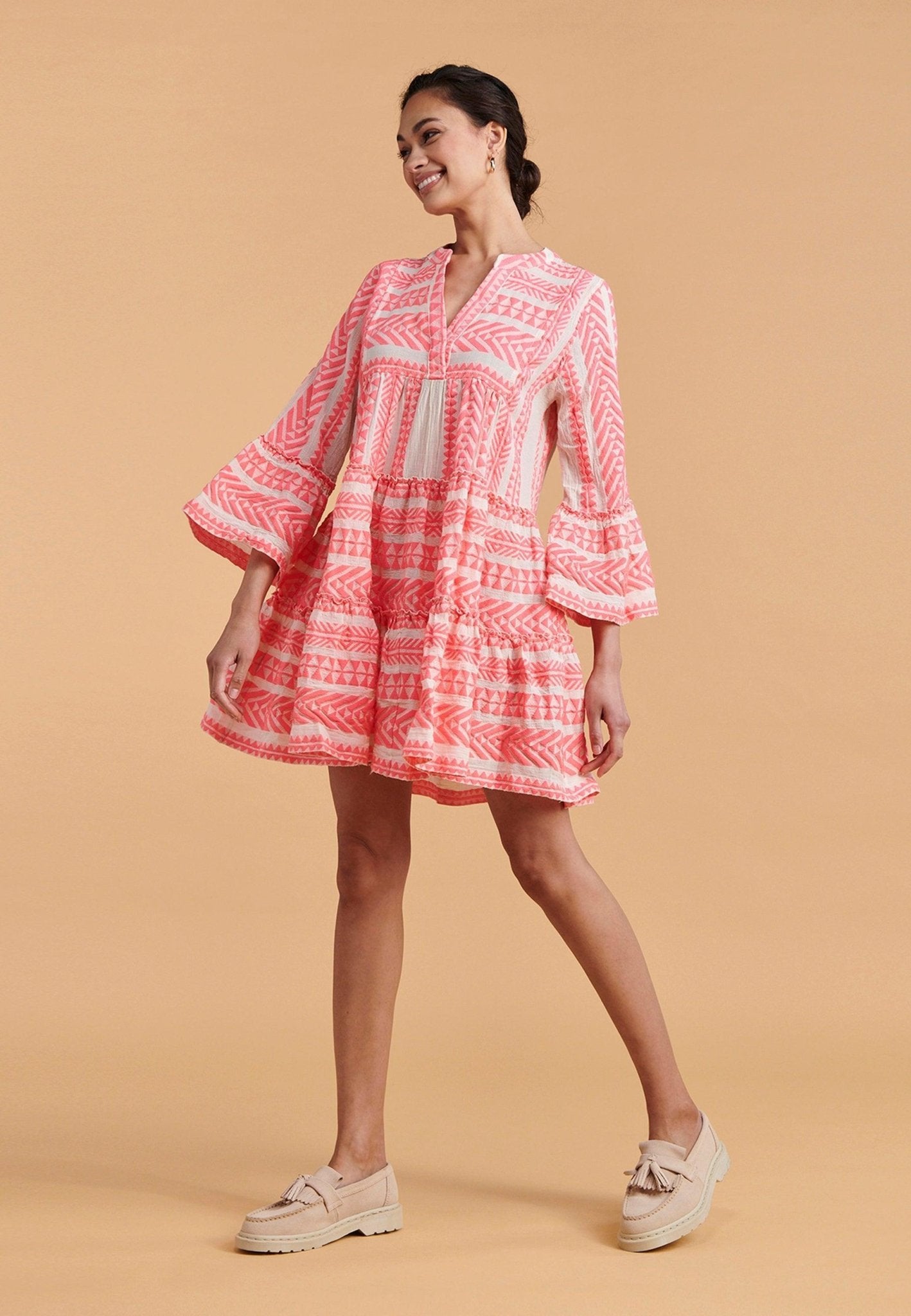 Devotion Twins Ella Mini Dress | NEON PINK on OFF WHITE. Available at Pasha Living