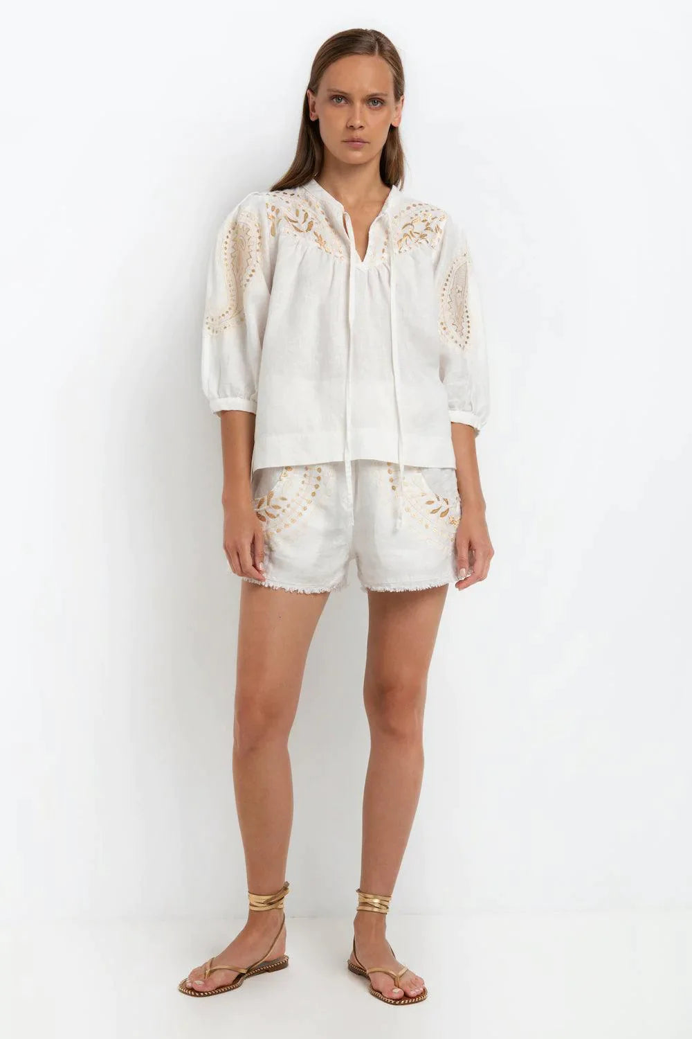 GREEK ARCHAIC KORI Embroidered Linen Blouse | White & Gold - Pasha Living 