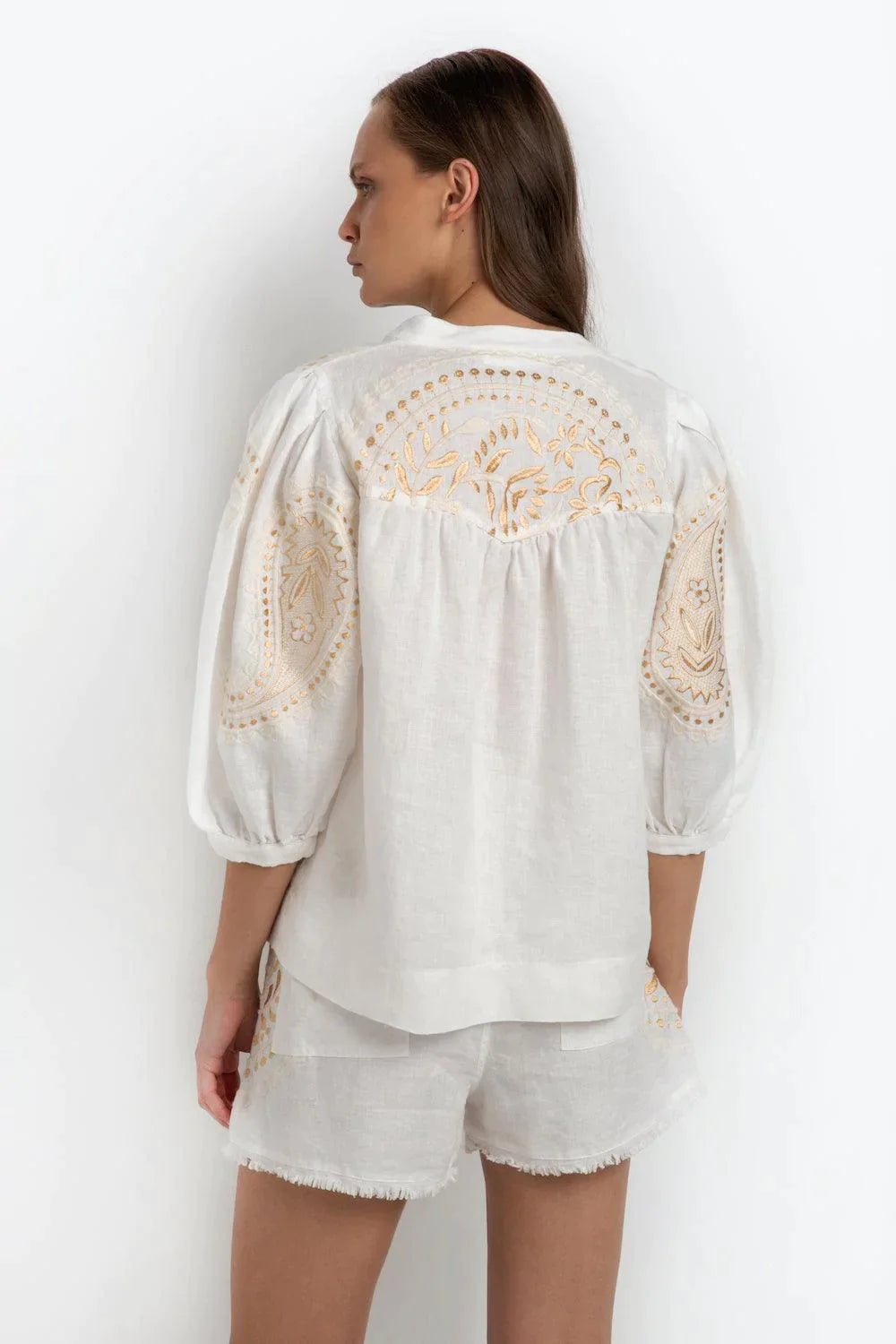 GREEK ARCHAIC KORI Embroidered Linen Blouse | White & Gold - Pasha Living 