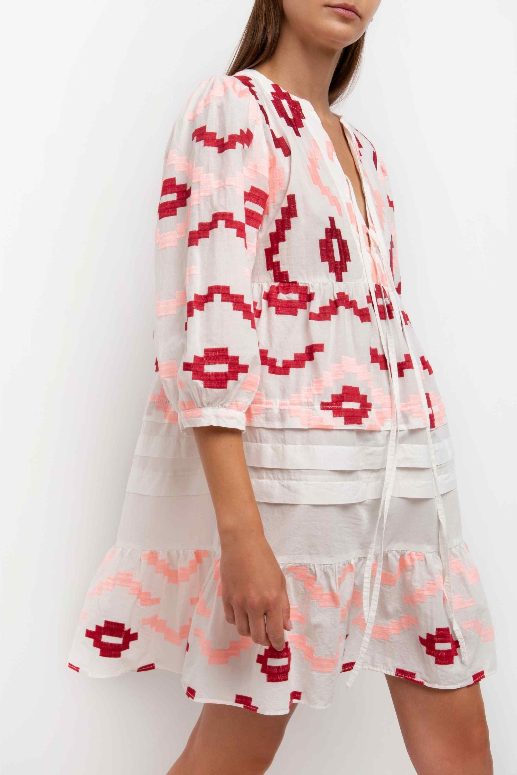 GREEK ARCHAIC KORI Geometric Cotton Dress | Pink & Red - Pasha Living 