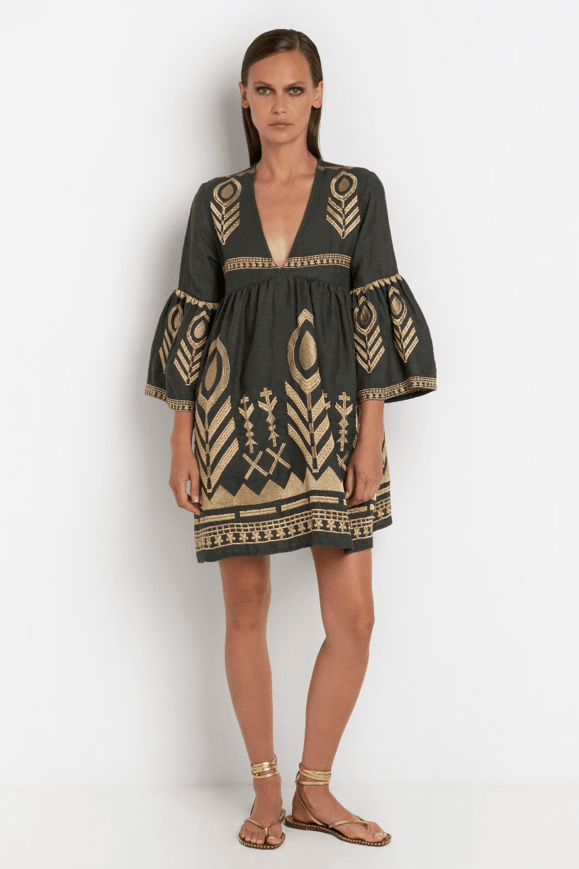 GREEK ARCHAIC KORI Khaki & Gold Dress - Pasha Living 