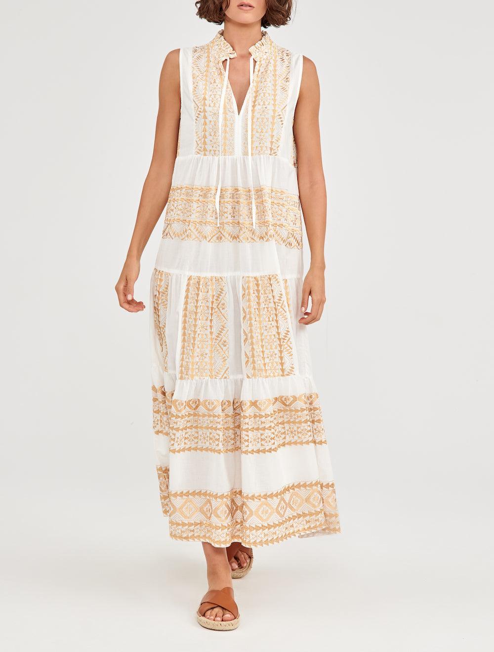 GREEK ARCHAIC KORI Long Cotton Dress | White & Gold - Pasha Living 
