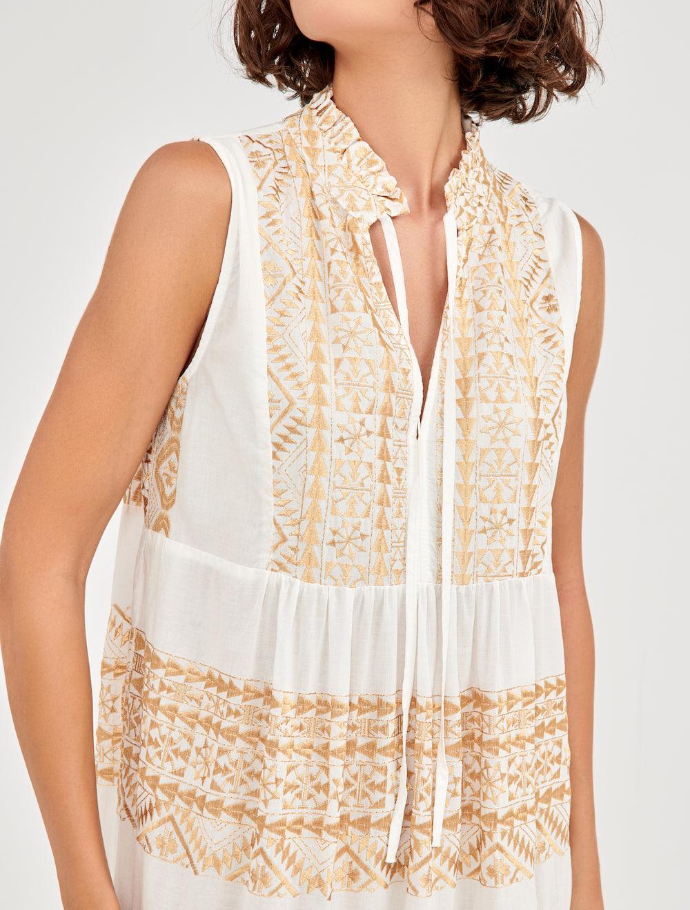 GREEK ARCHAIC KORI Long Cotton Dress | White & Gold - Pasha Living 