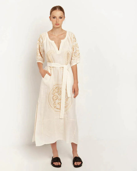 Kori Long Linen Paisley Dress Cream Gold Pasha Living