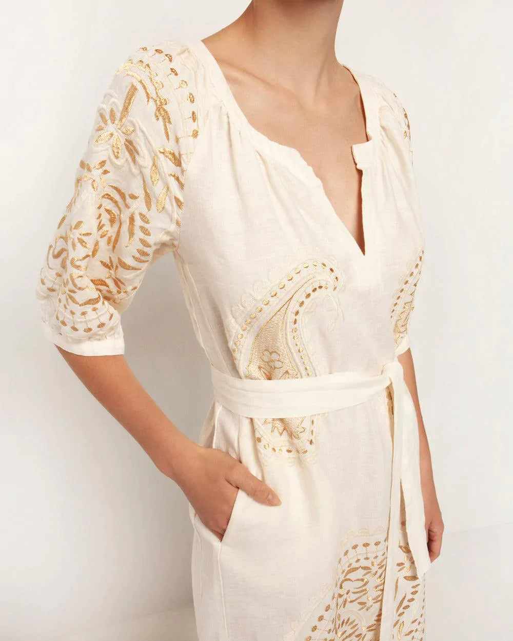 GREEK ARCHAIC KORI Long Linen Paisley Dress | Natural & Gold - Pasha Living 