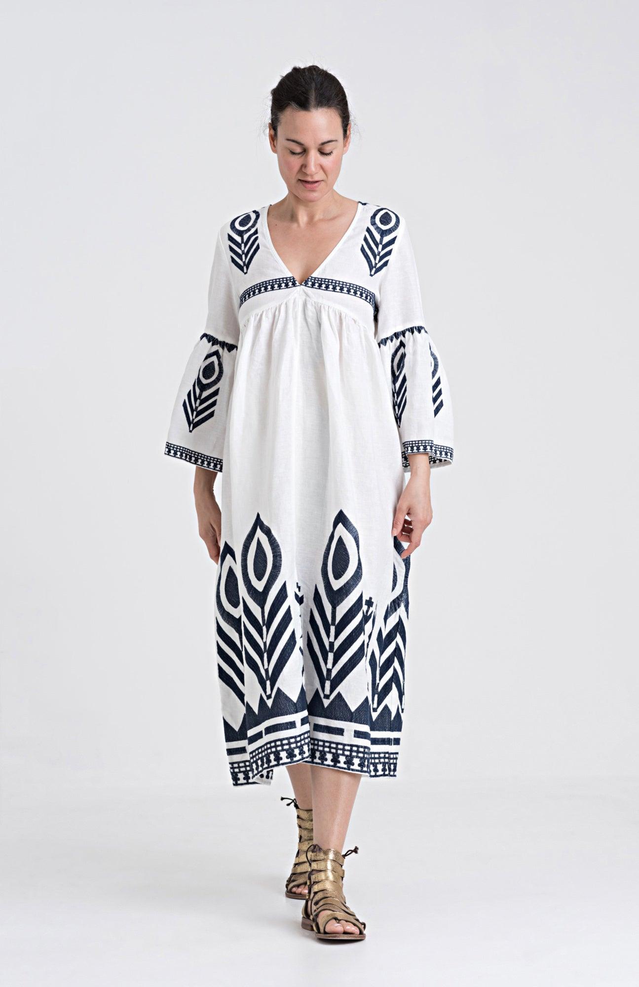 GREEK ARCHAIC KORI Midi Linen Dress | White & Navy - Pasha Living 