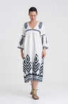 GREEK ARCHAIC KORI Midi Linen Dress | White & Navy - Pasha Living 
