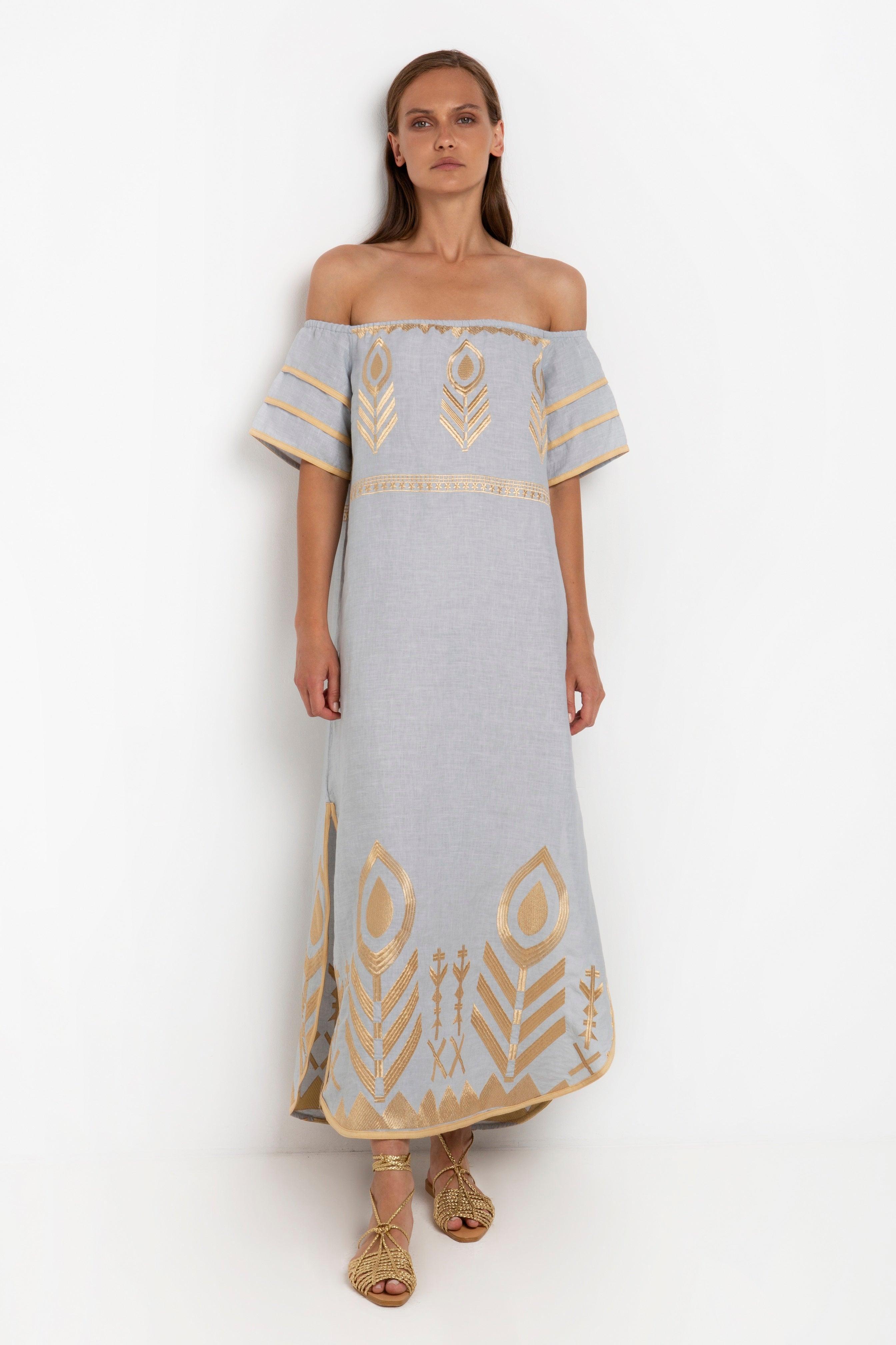 GREEK ARCHAIC KORI Off The Shoulder Linen Maxi Dress | Grey & Gold - Pasha Living 