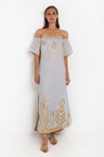 GREEK ARCHAIC KORI Off The Shoulder Linen Maxi Dress | Grey & Gold - Pasha Living 