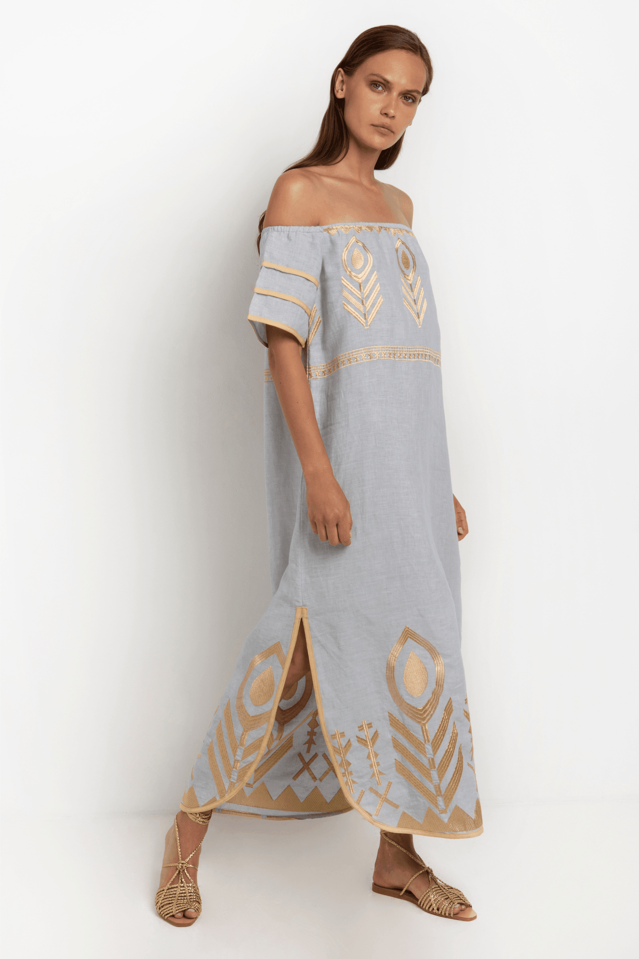 GREEK ARCHAIC KORI Off The Shoulder Linen Maxi Dress | Grey & Gold - Pasha Living 