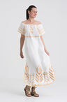 GREEK ARCHAIC KORI Off The Shoulder Linen Maxi Dress | White & Gold - Pasha Living 