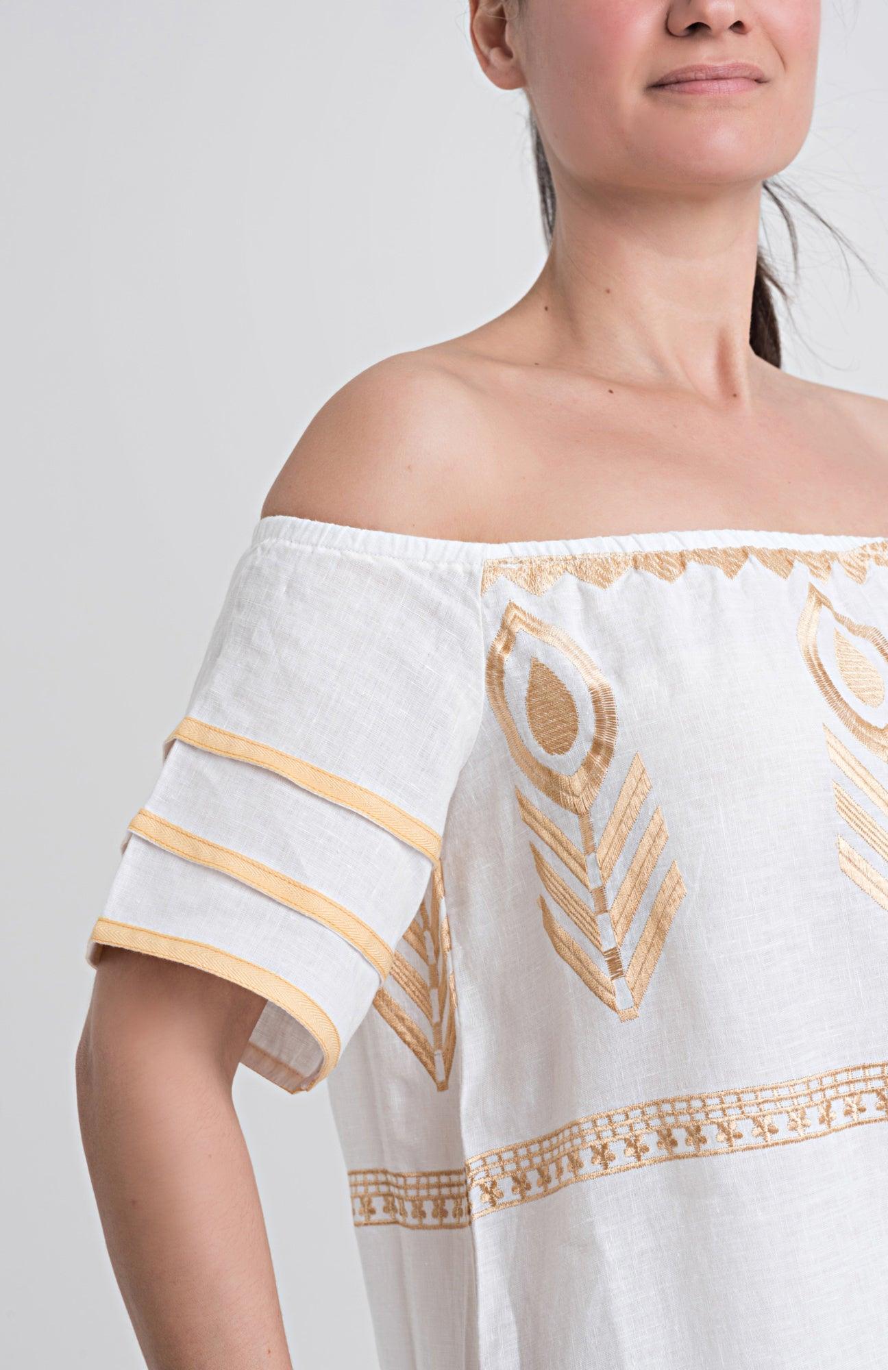 Greek Archaic Kori GREEK ARCHAIC KORI Off The Shoulder Linen Maxi Dress | White & Gold - Dress Pasha Living