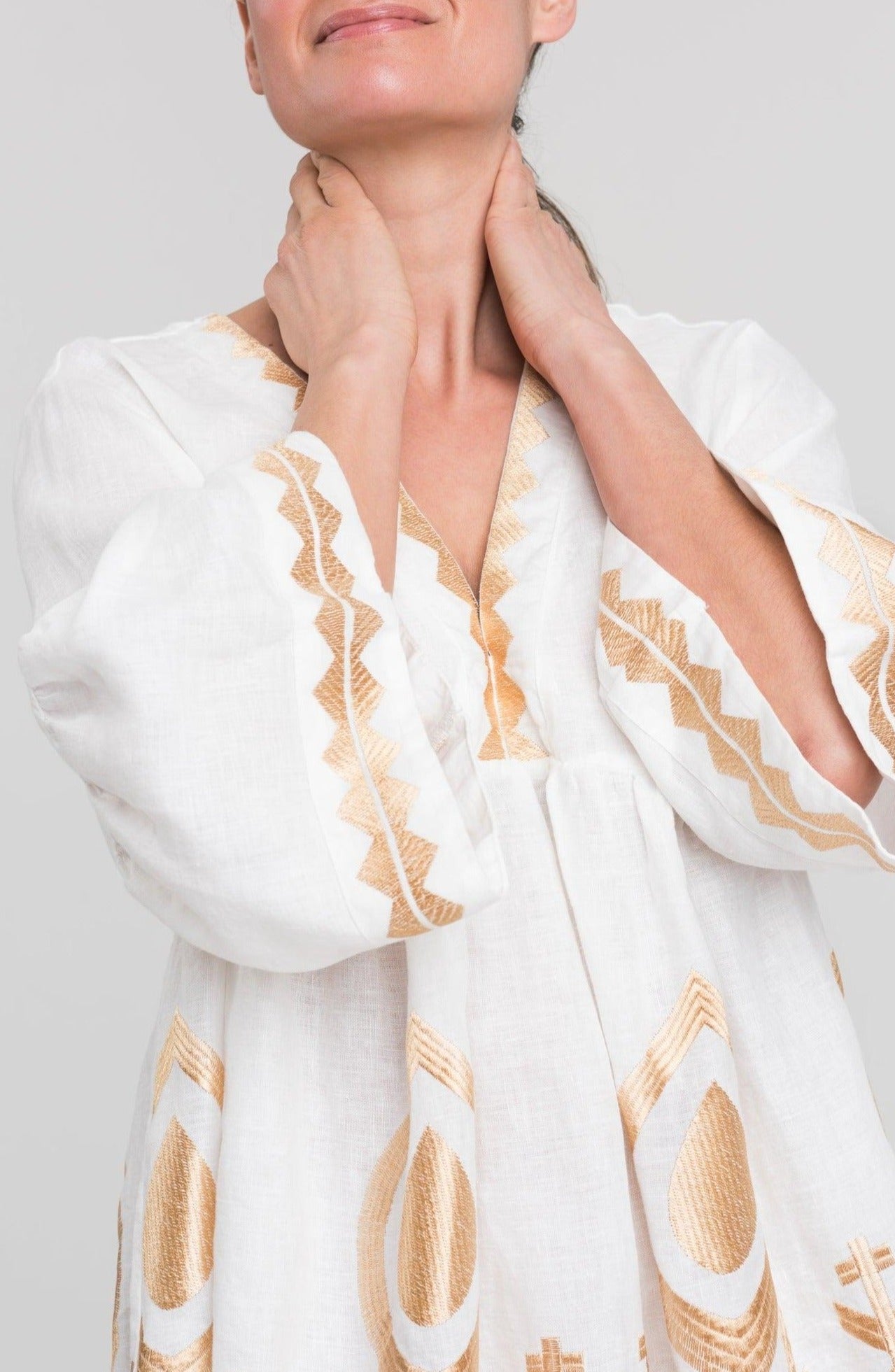 Greek Archaic Kori Kori Short Empire Linen Dress, White & Gold - Dress Pasha Living